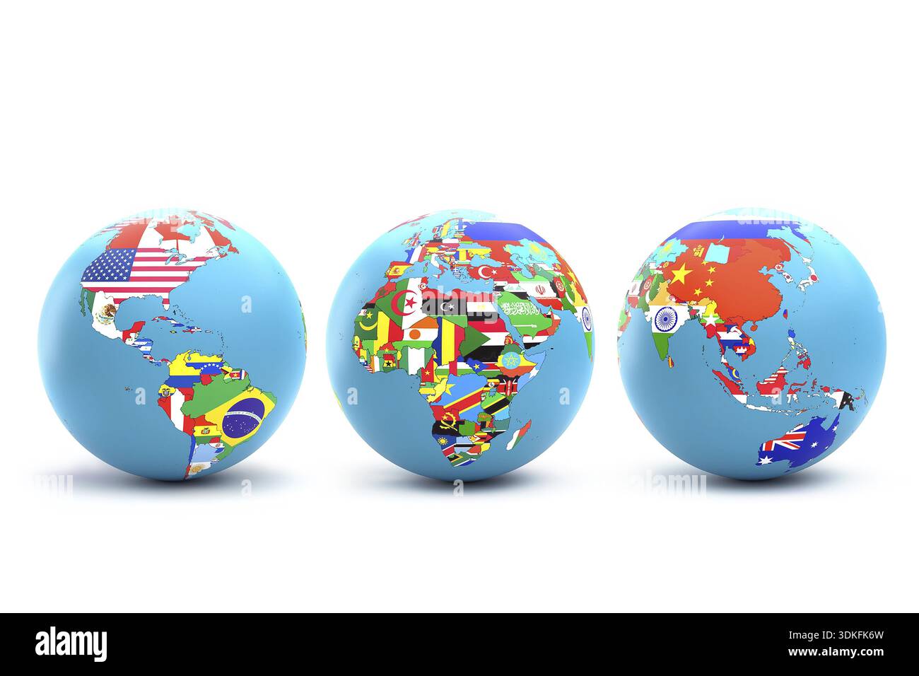 3D rendering di tre globi mondiale con i continenti e i loro paesi con sovrapposte le bandiere nazionali su sfondo bianco Foto Stock