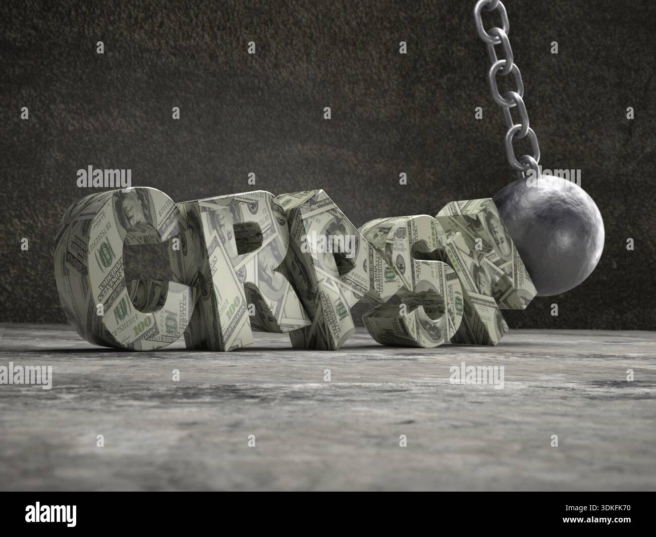 3D rendering del dollaro americano CRASH parola di essere colpiti dalla palla di demolizione Foto Stock