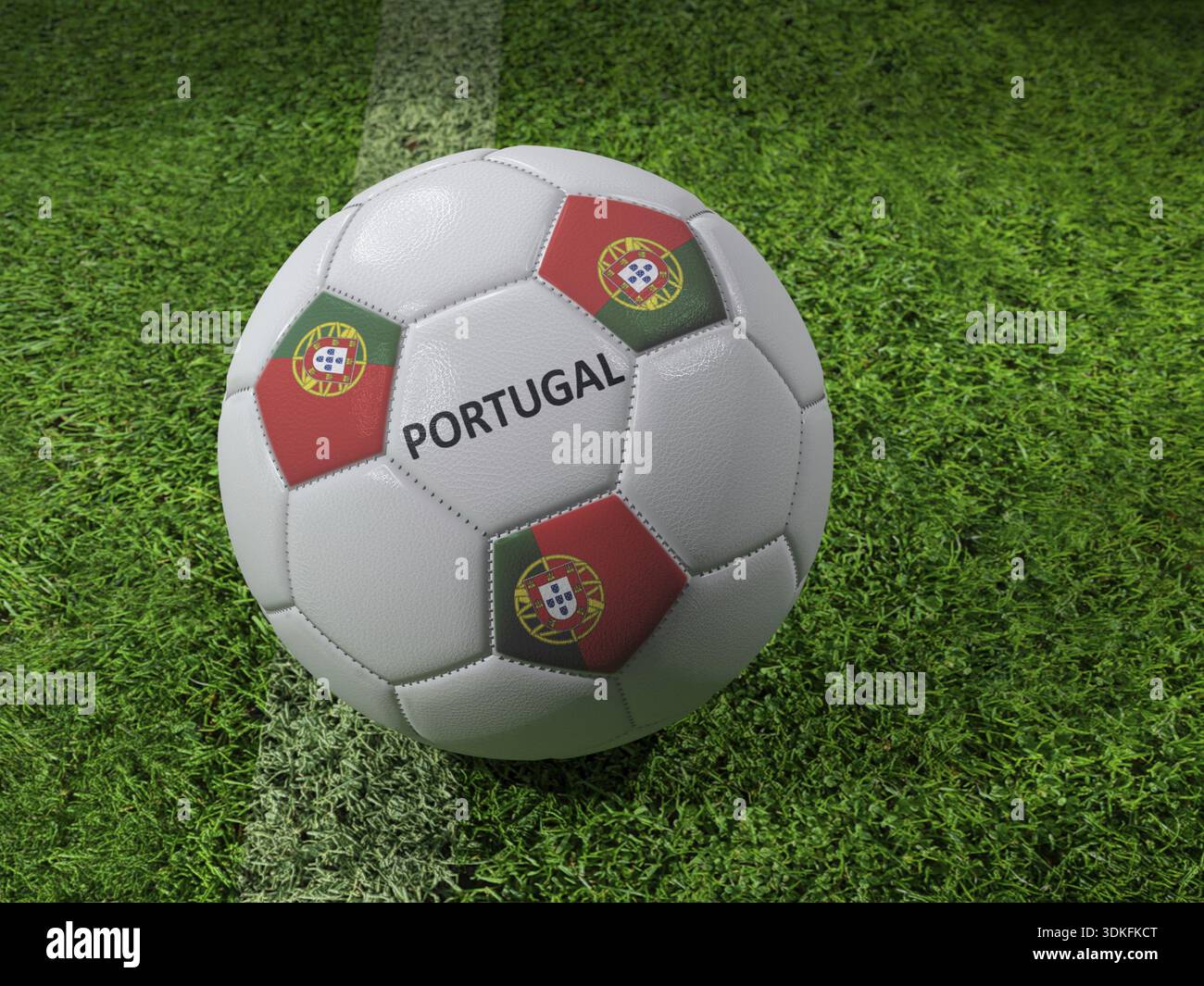 Rendering 3D della palla da calcio bianca con colori della bandiera del Portogallo impressi accanto alla linea del campo Foto Stock