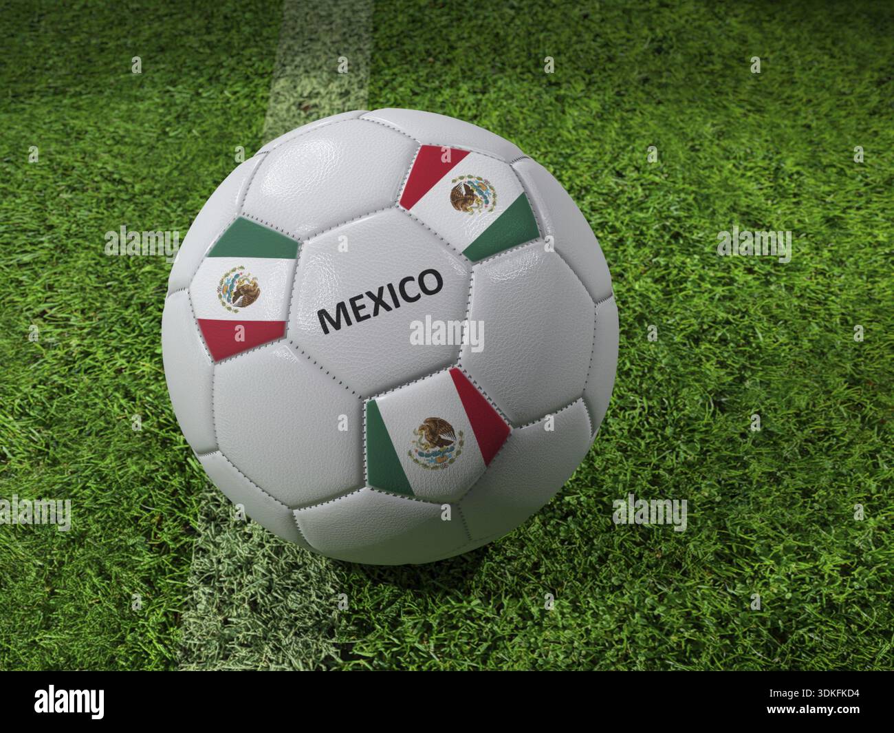 Rendering in 3D della palla da calcio bianca con i colori della bandiera messicana impressi accanto alla linea del campo Foto Stock