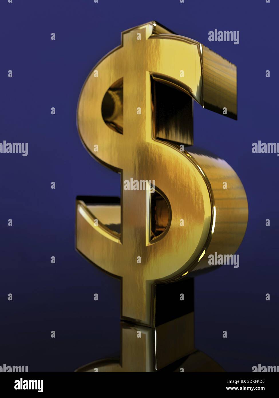3D rendering di golden USD simbolo di valuta su sfondo blu scuro Foto Stock