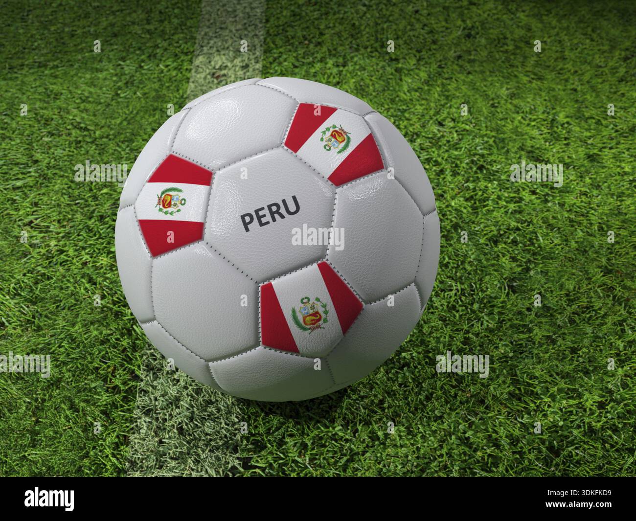 Rendering 3D della palla da calcio bianca con colori della bandiera del Perù impressi accanto alla linea del campo Foto Stock