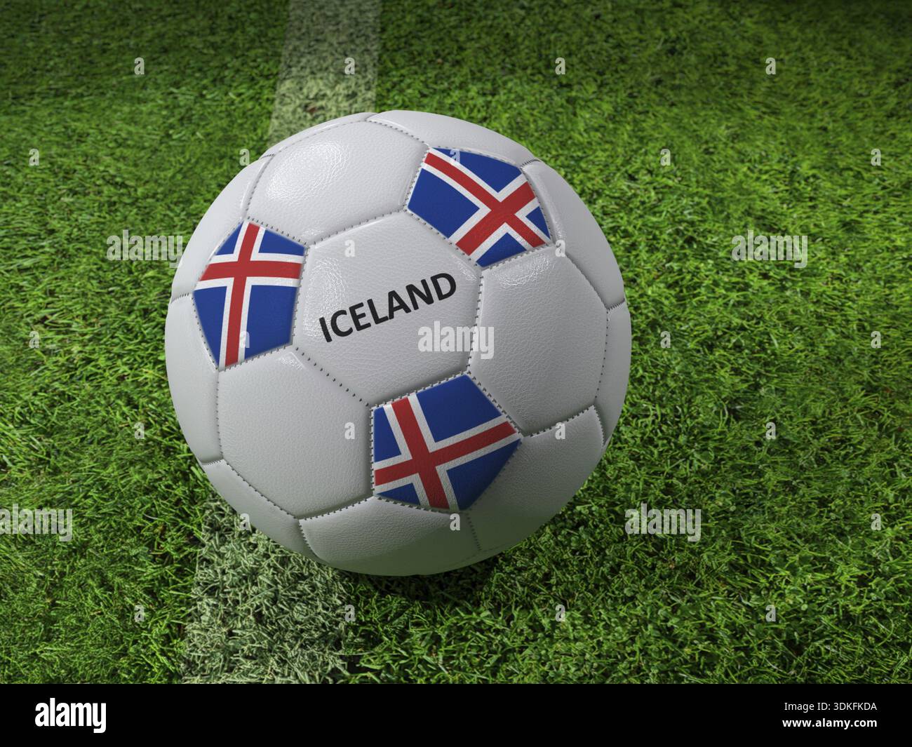 Rendering 3D della palla da calcio bianca con l'Islanda impressa come colori della bandiera collocata accanto alla linea del campo Foto Stock