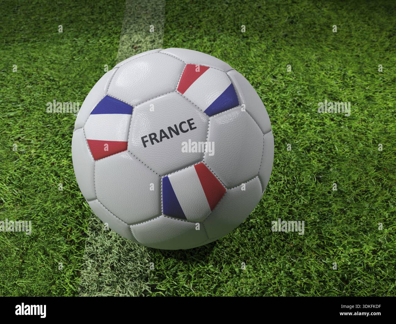 Rendering in 3D della palla da calcio bianca con i colori della bandiera francese impressi accanto alla linea del campo Foto Stock