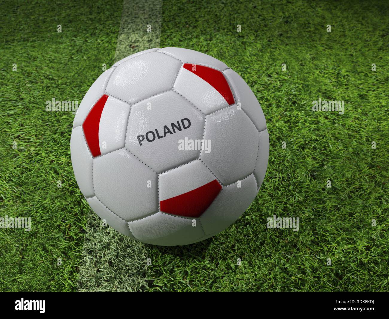 Rendering 3D della palla da calcio bianca con colori della bandiera polacca impressi accanto alla linea del campo Foto Stock