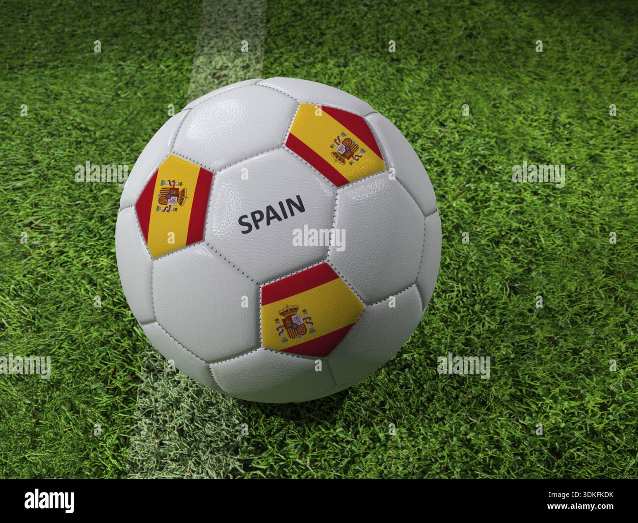 Rendering in 3D della palla da calcio bianca con i colori della bandiera spagnola impressi accanto alla linea del campo Foto Stock
