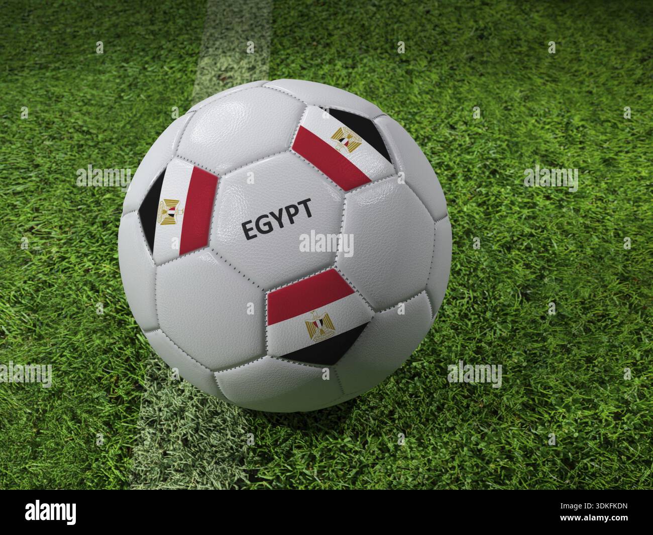 Rendering 3D della palla da calcio bianca con l'Egitto impresso come colori della bandiera collocati accanto alla linea del campo Foto Stock