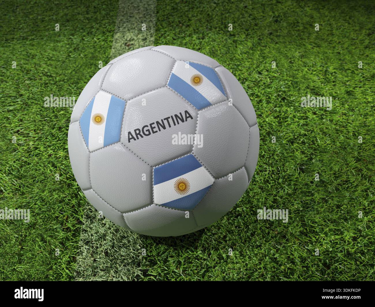 Rendering in 3D della palla da calcio bianca con colori della bandiera argentina impressi accanto alla linea del campo Foto Stock