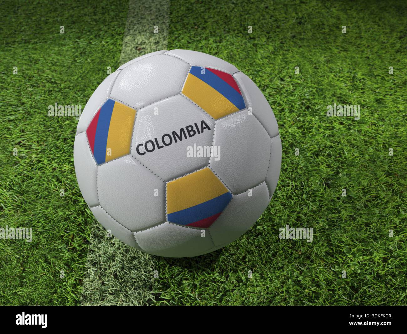 Rendering 3D della palla da calcio bianca con colori della bandiera colombiana impressi accanto alla linea del campo Foto Stock