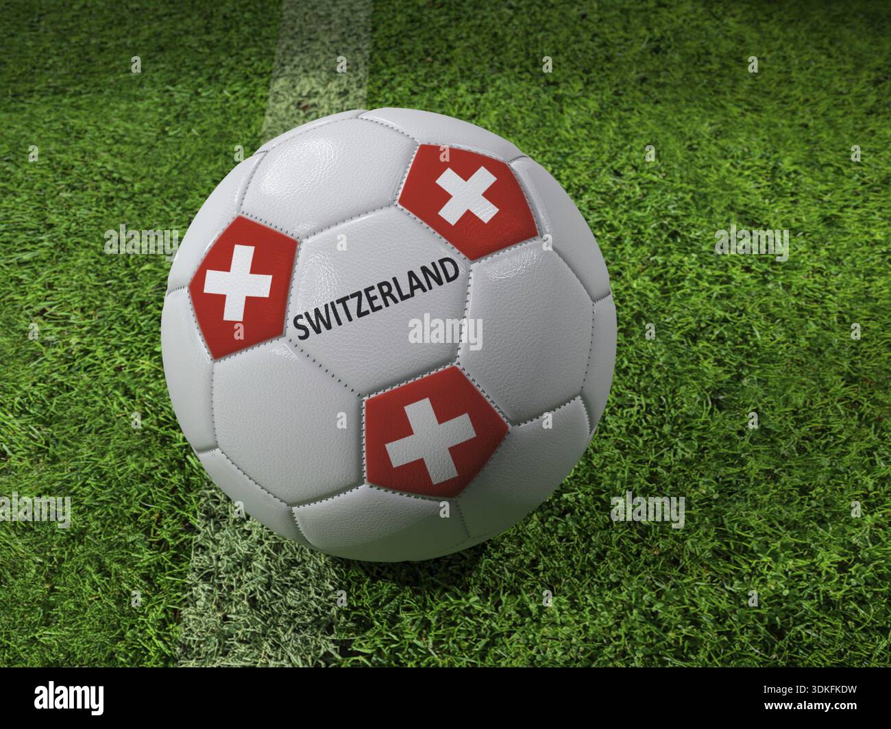 Rendering in 3D della palla da calcio bianca con colori della bandiera svizzera impressi accanto alla linea del campo Foto Stock