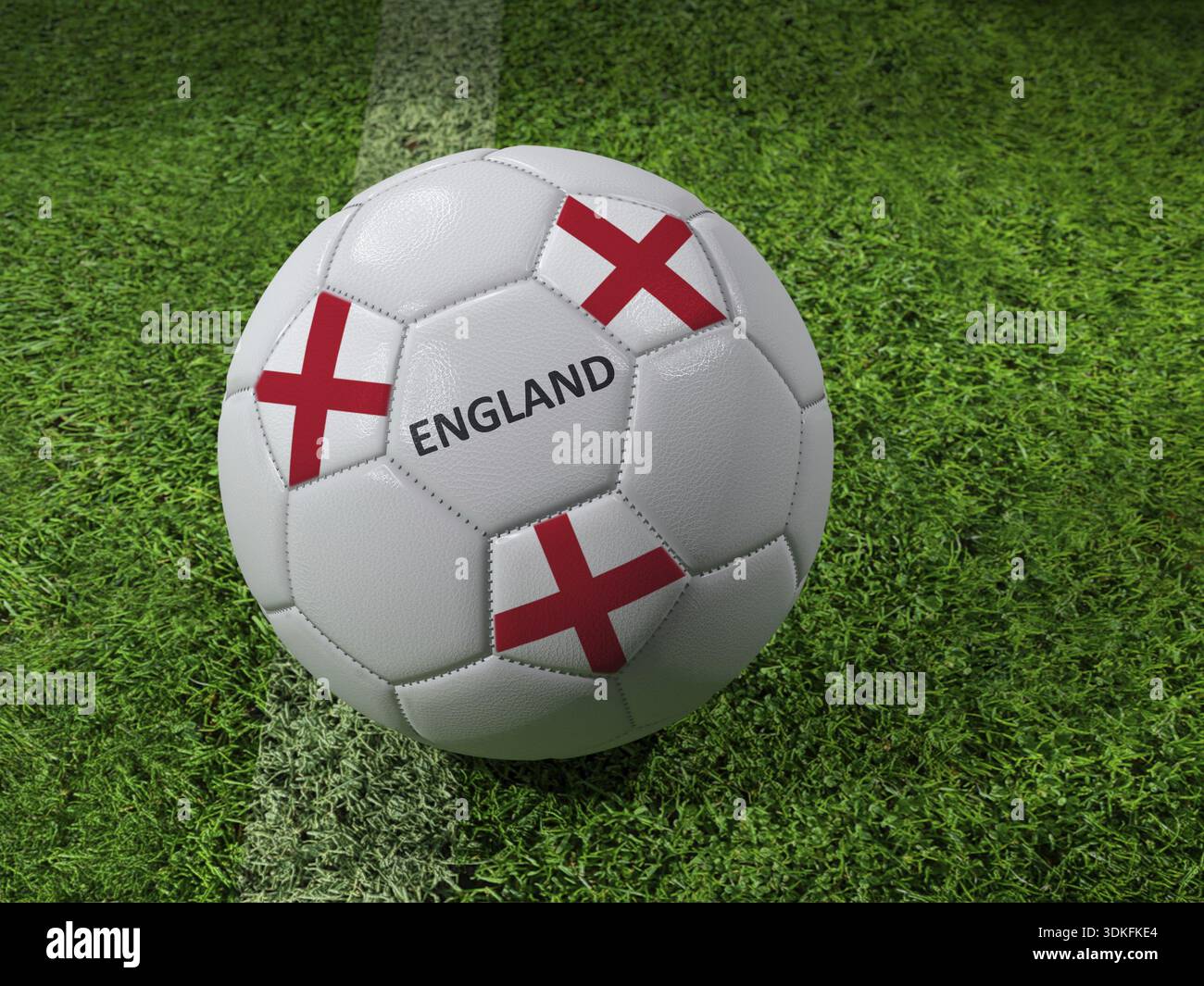Rendering 3D della palla da calcio bianca con i colori della bandiera inglese impressi accanto alla linea del campo Foto Stock