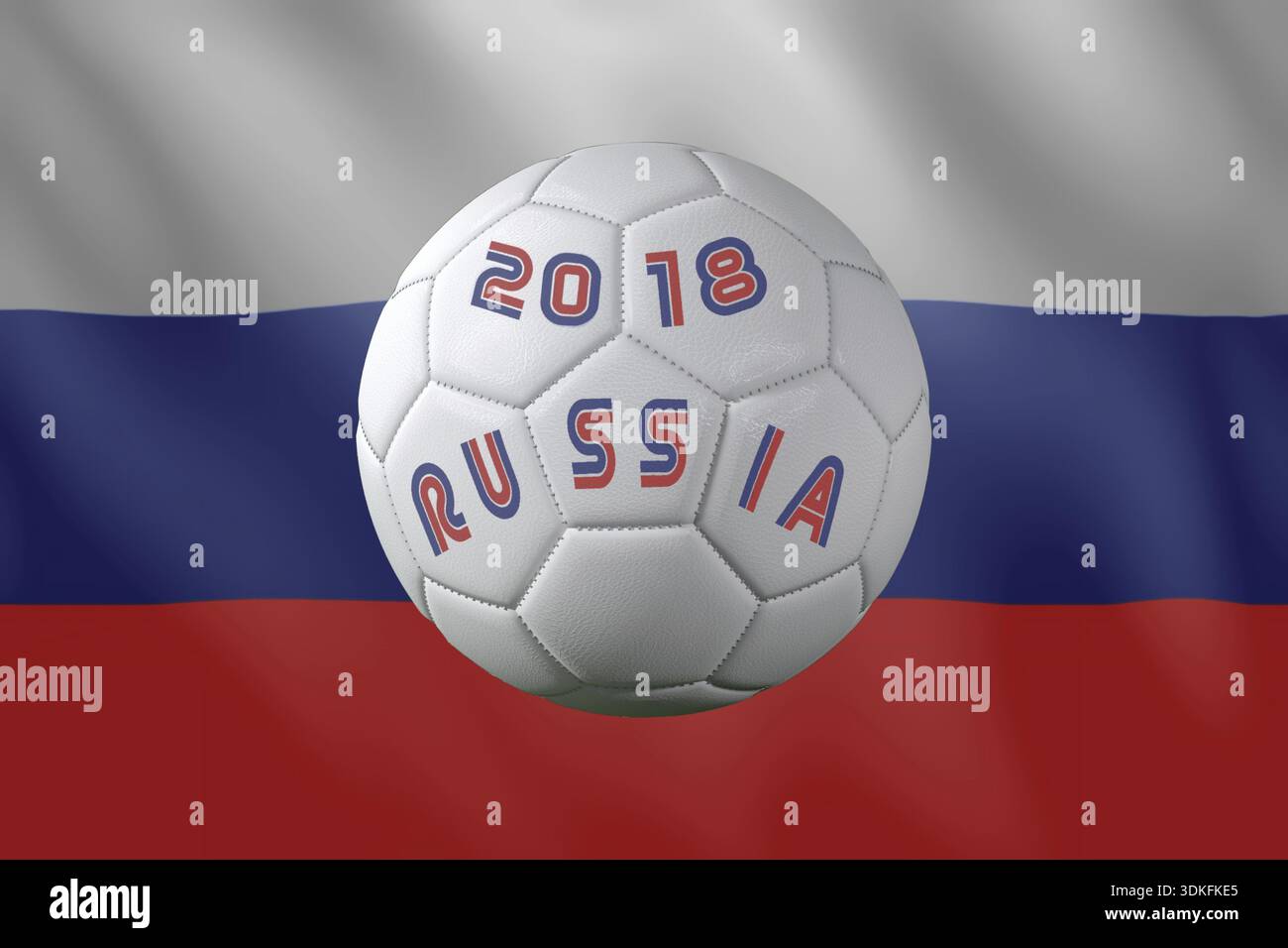 Rendering 3D di palla da calcio bianca con impresso 2018 testo Russia posizionato contro la bandiera russa Foto Stock