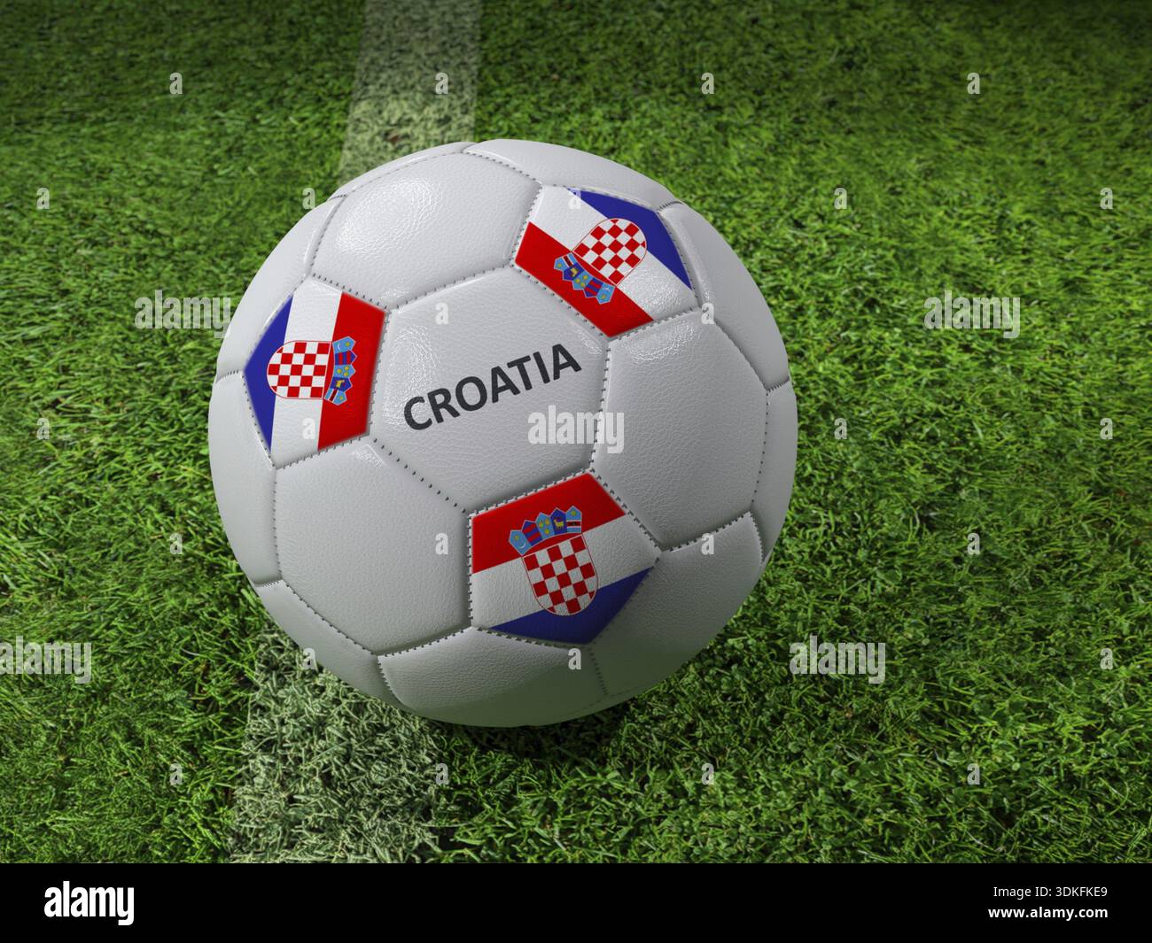 Rendering 3D della palla da calcio bianca con colori della bandiera croata impressi accanto alla linea del campo Foto Stock