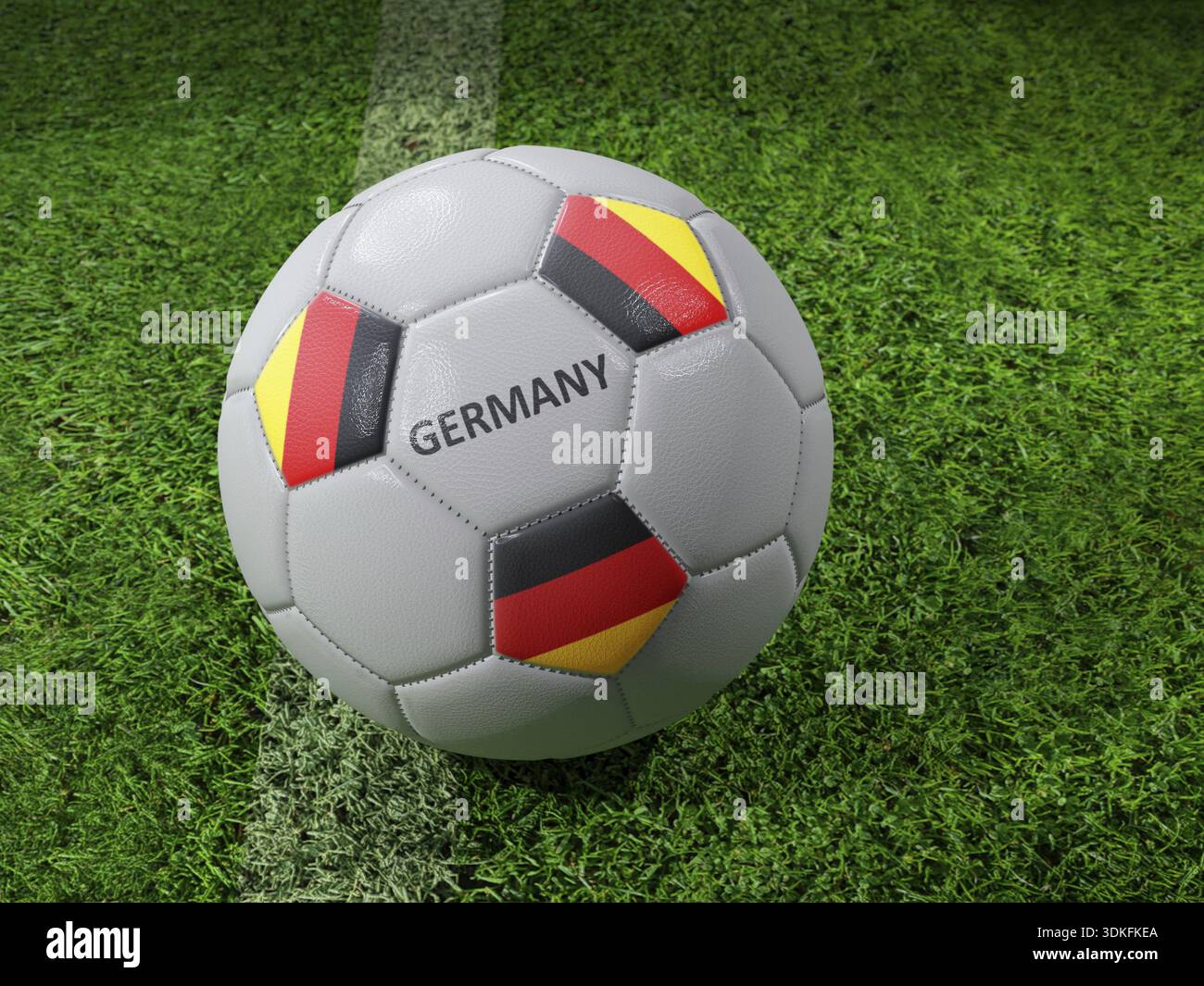 Rendering 3D della palla da calcio bianca con colori della bandiera tedesca impressi accanto alla linea del campo Foto Stock