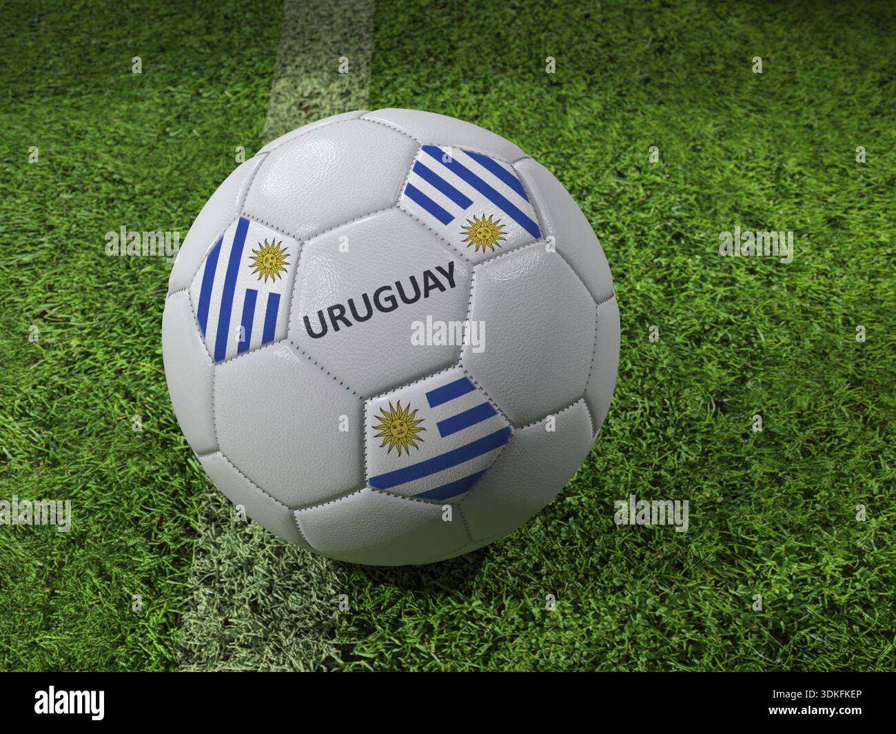 Rendering 3D della palla da calcio bianca con colori della bandiera uruguaiana impressi accanto alla linea del campo Foto Stock