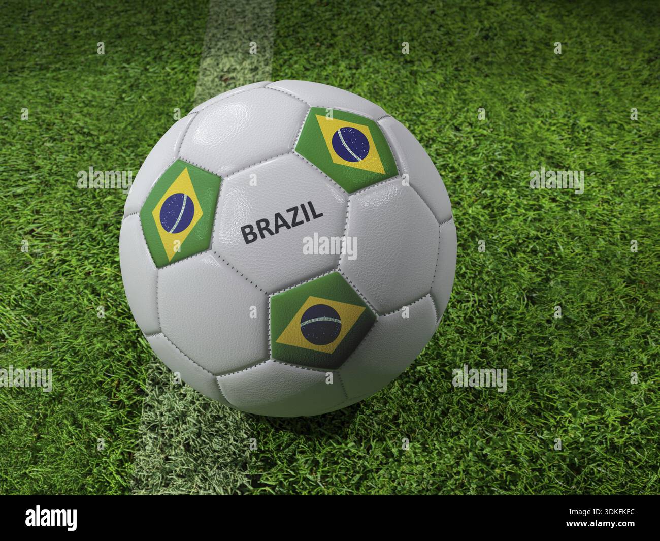 Rendering 3D della palla da calcio bianca con colori della bandiera brasiliana impressi accanto alla linea del campo Foto Stock