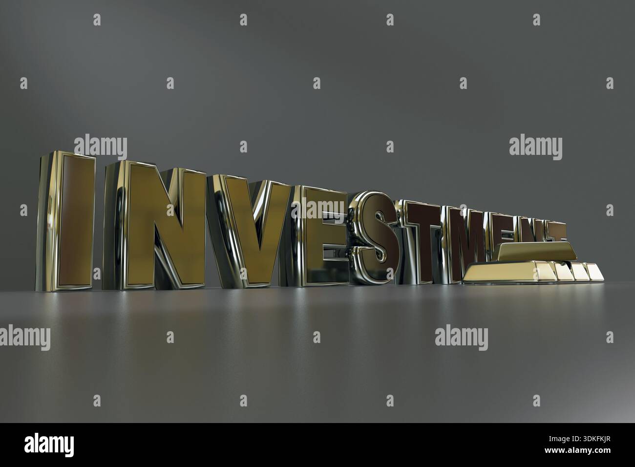 Rendering 3D della parola D'INVESTIMENTO Golden con due barre d'oro adiacenti, su sfondo grigio Foto Stock