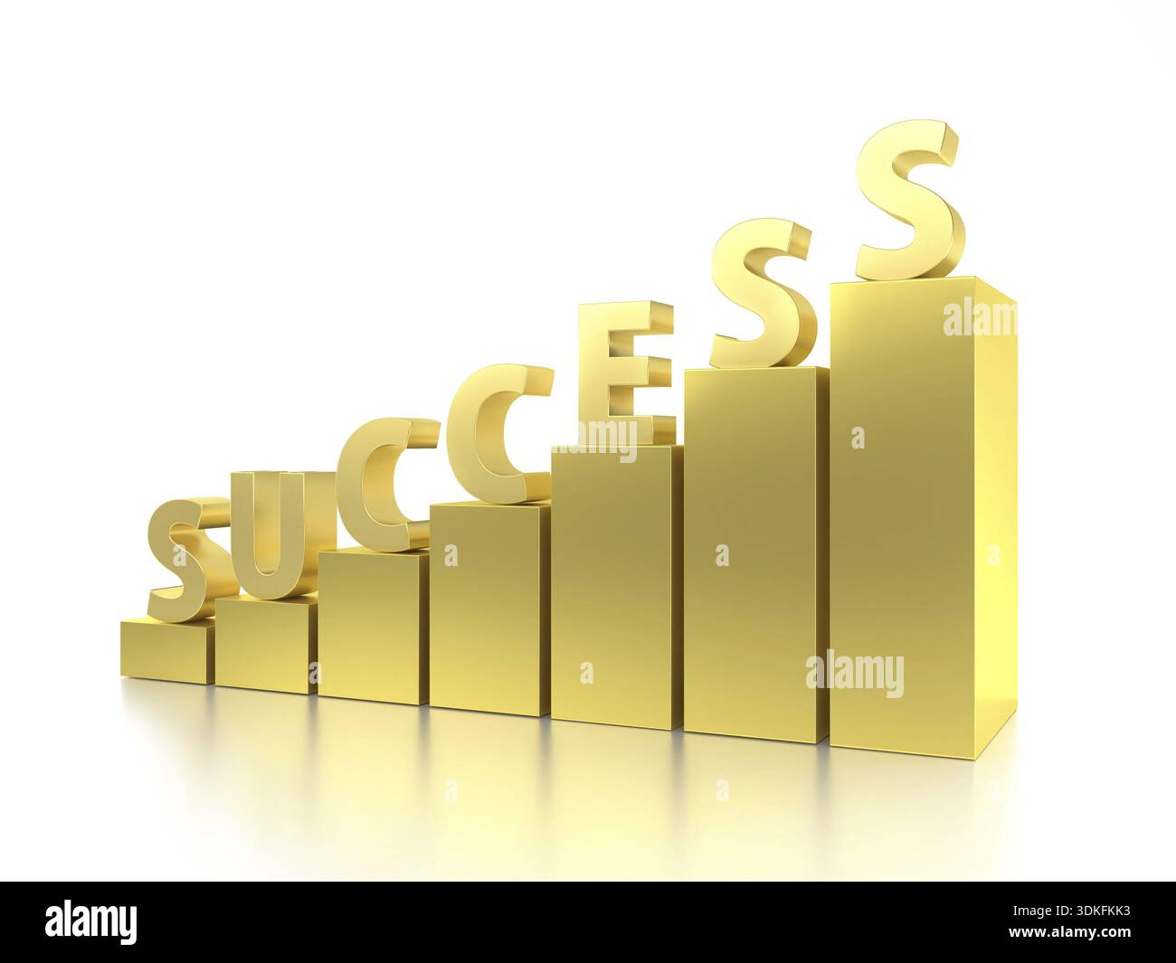 Rendering 3D del grafico a barre dorate con la parola di successo sopra lo sfondo bianco Foto Stock