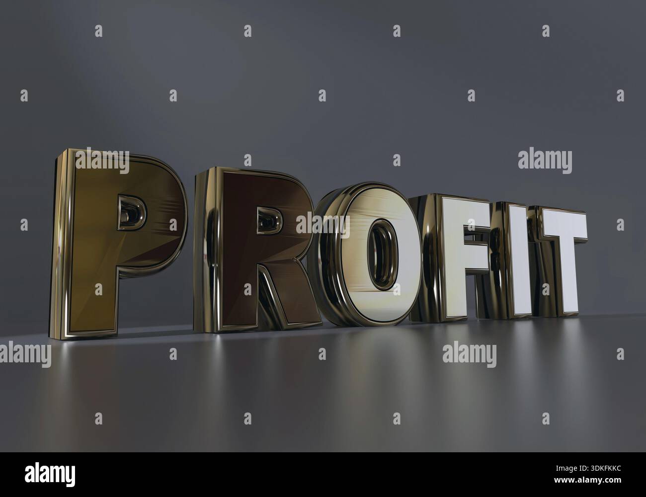 Rendering 3D della parola Golden PROFIT su sfondo grigio Foto Stock