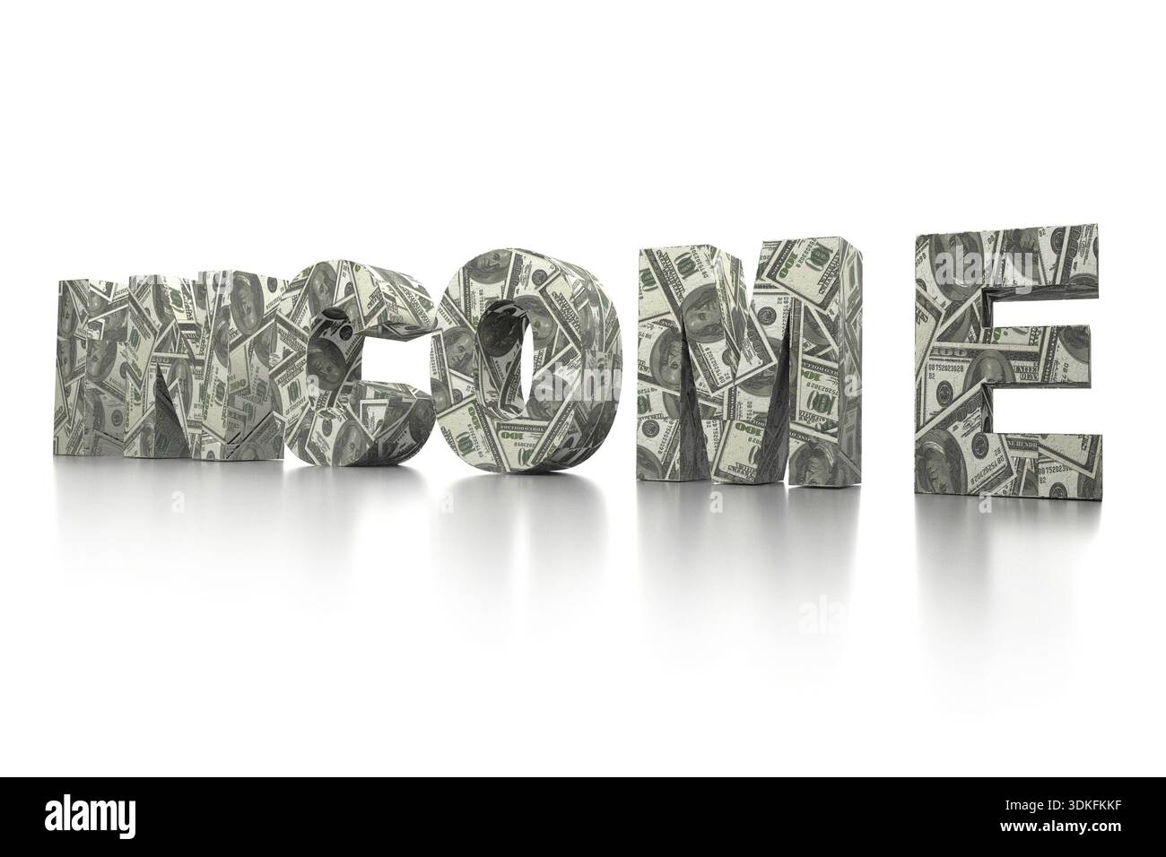 Rendering 3D della parola SUL REDDITO avvolto con banconote da 100 USD su sfondo bianco Foto Stock