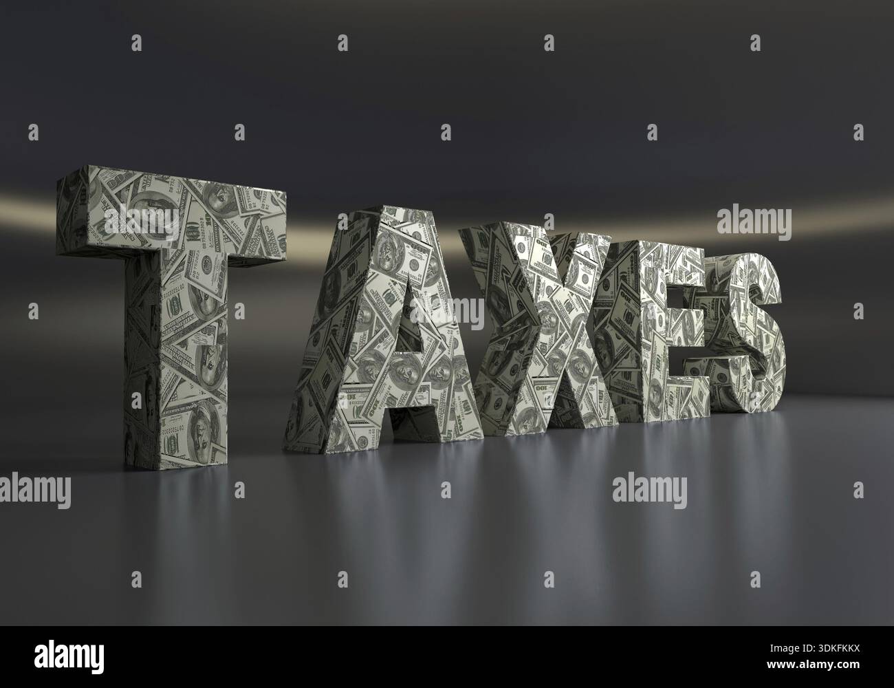 Rendering in 3D della parola RELATIVA ALLE TASSE avvolta da banconote in dollari USA su sfondo grigio scuro Foto Stock