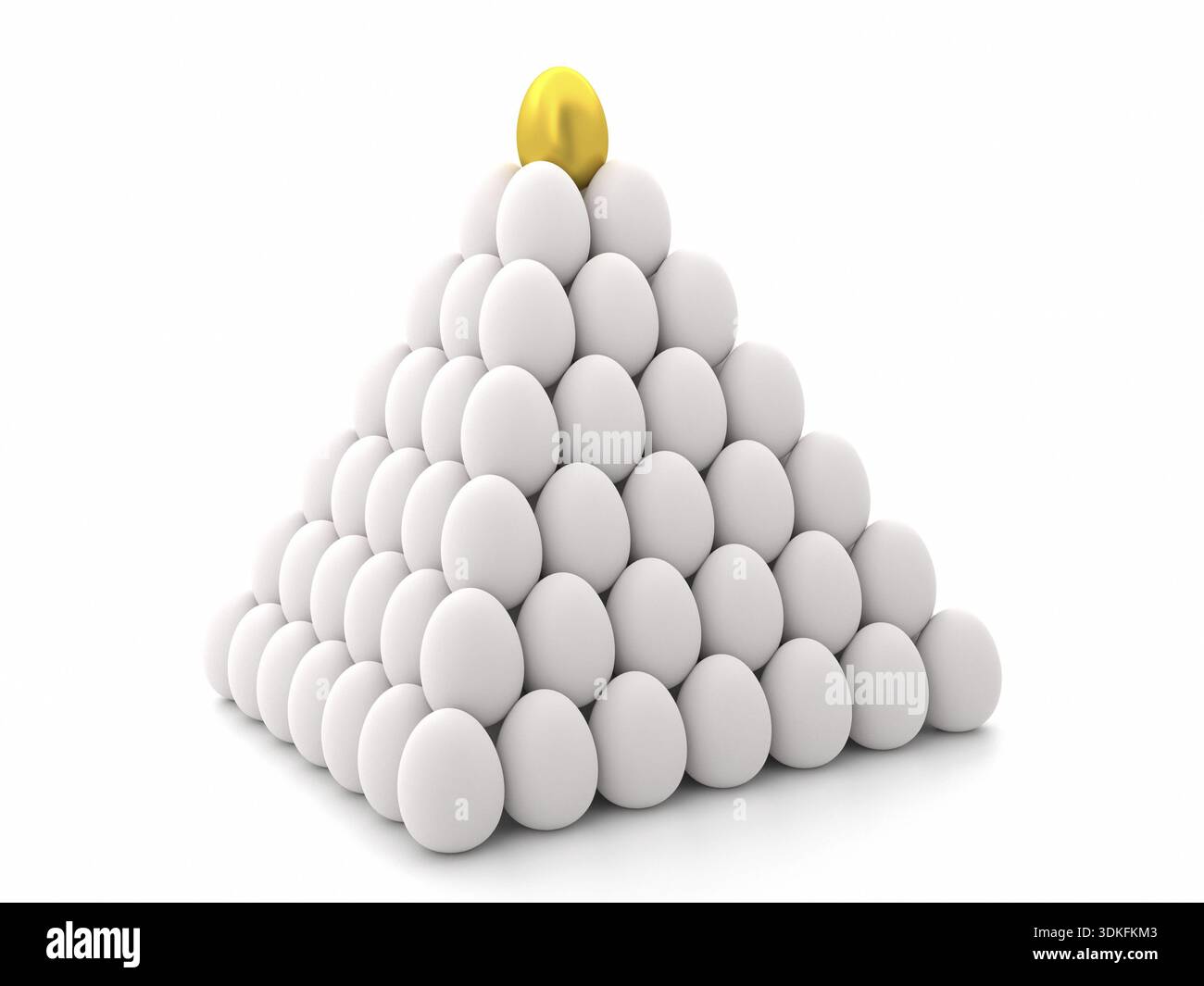 Rendering 3D della piramide delle uova bianche con un uovo dorato in cima su sfondo bianco Foto Stock