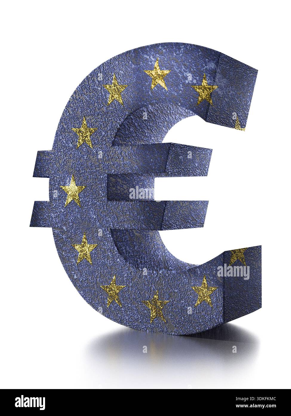Rendering 3D del simbolo della valuta dell'euro avvolto da una bandiera UE su sfondo bianco Foto Stock