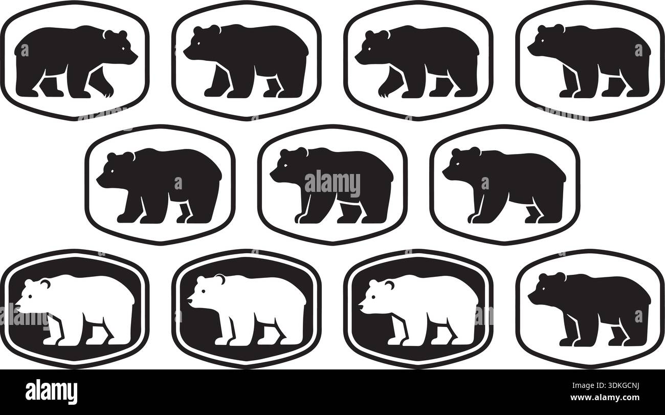Set di emblemi con logo orso collezione vettoriale per l'azienda di branding e il progetto di design dell'abbigliamento. Contiene l'icona e la silhouette del simbolo dell'orso grizzly. Moderna Illustrazione Vettoriale