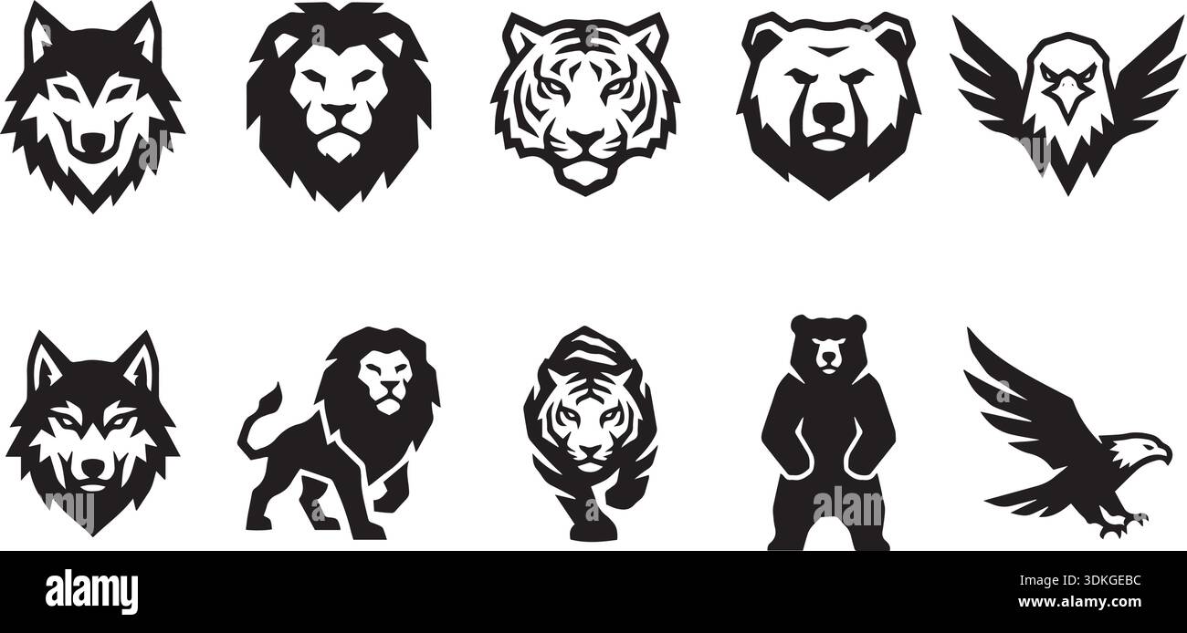 Insieme vettoriale di animali diversi. Collezione di sagome animali come lupo leone tigre orso e aquila. Ottimo per logo, tatuaggi, emblemi, t Illustrazione Vettoriale