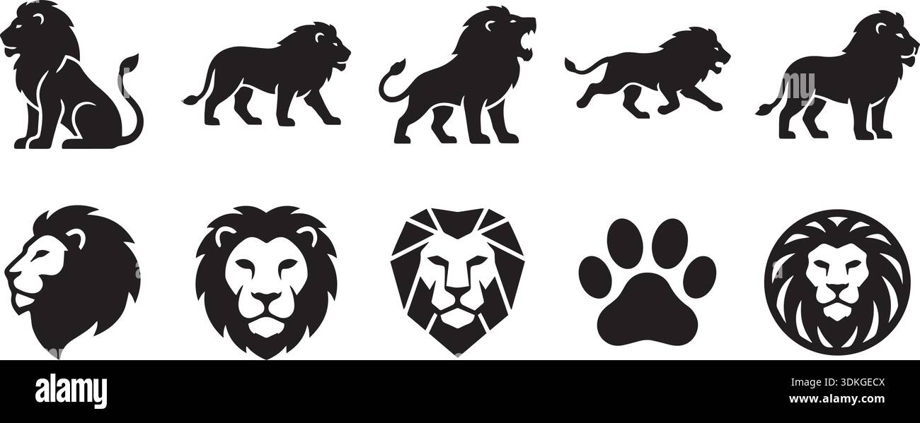 Il set include leoni seduti, camminando, ruggenti, silhouette da corsa e icone stilizzate della testa. Perfetto per loghi, emblemi, tatuaggi e stampe. Vettore Illustrazione Vettoriale