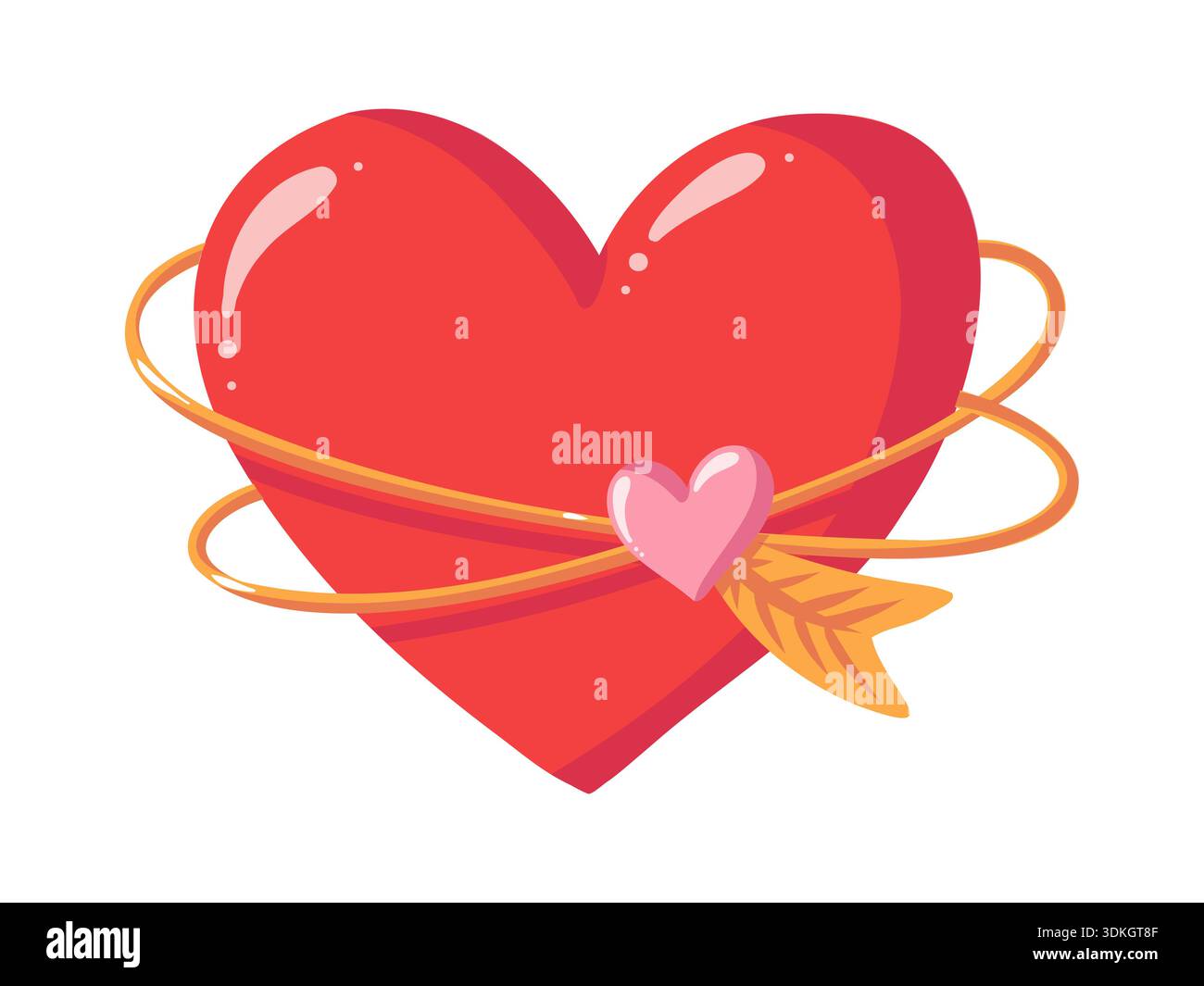 Cuore rosso con linee orbitali dorate, mini cuore rosa e freccia. Romantico simbolo di San Valentino. Illustrazione di cartoni animati isolati dal vettore su sfondo bianco Illustrazione Vettoriale