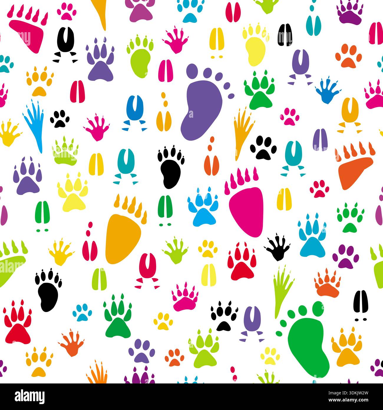 Varie silhouette colorate con zampe di animali comuni, motivo senza cuciture Illustrazione Vettoriale