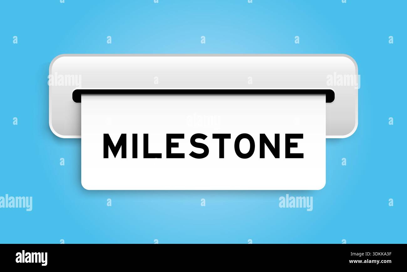 Banner coupon bianco con la parola "milestone" della macchina su sfondo blu Illustrazione Vettoriale