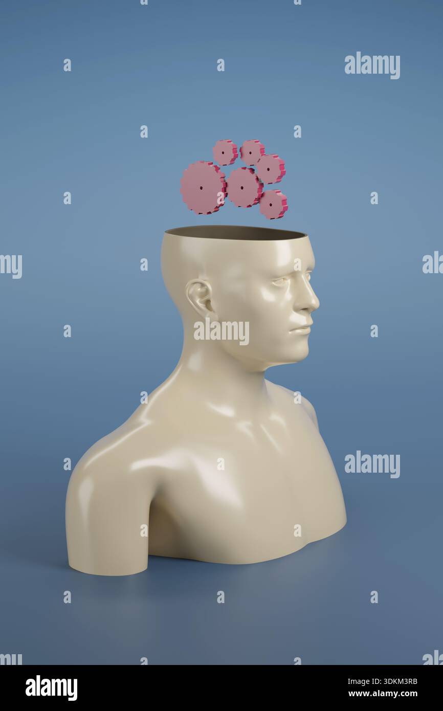 Figura umana con ingranaggi sulla testa isolati su sfondo blu. Concetto di pensiero. illustrazione 3d. Foto Stock