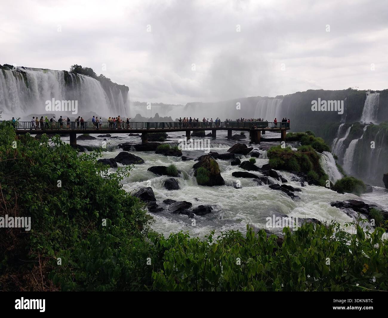 CASCATE DI IGUAZU, MISIONES, ARGENTINA - 17 GENNAIO 2025: Vista panoramica delle maestose cascate e della lussureggiante foresta pluviale tropicale al confine tra Arg Foto Stock
