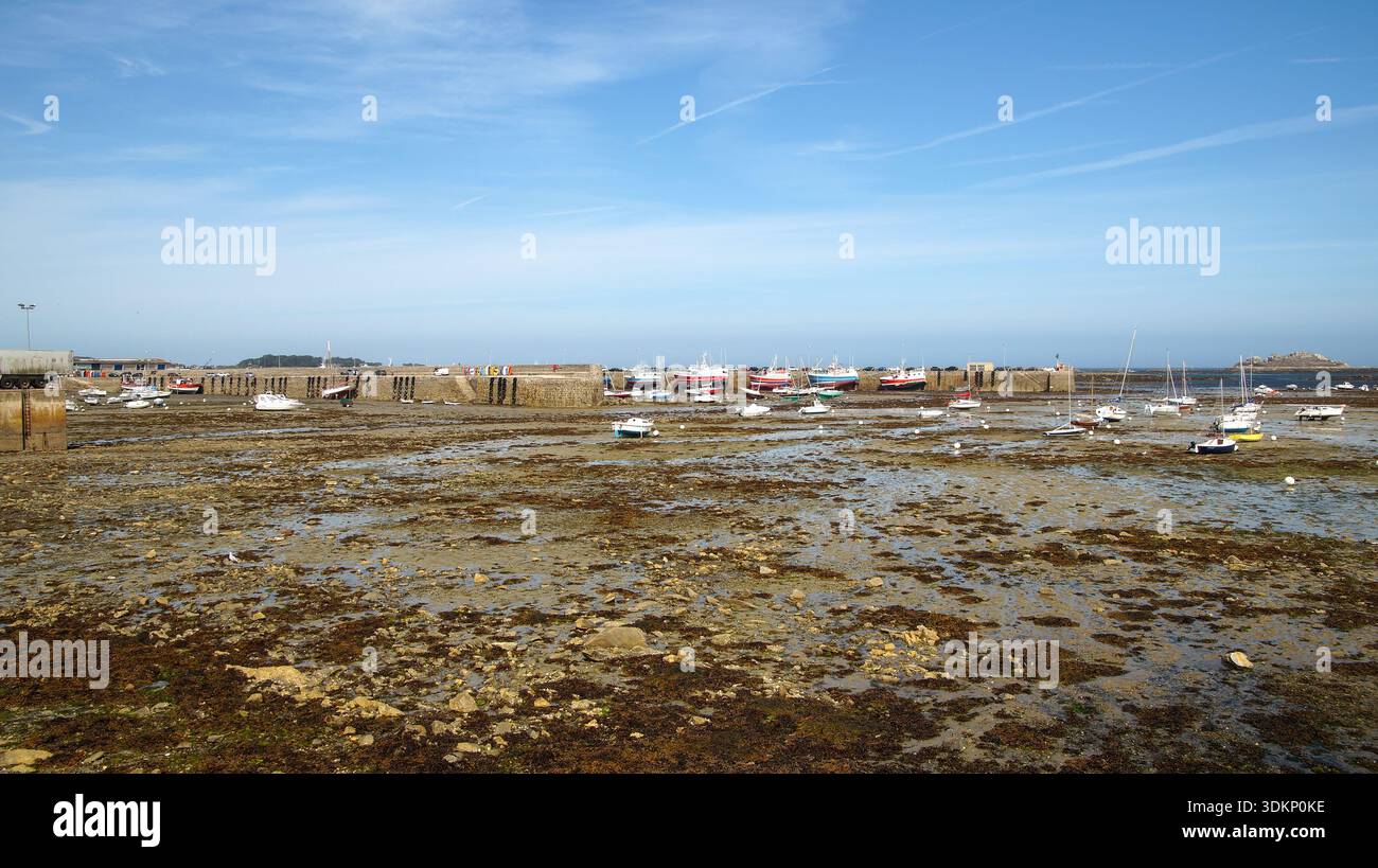 Le barche si trovano a terra nel porto durante la bassa marea, con una vista sul mare oltre, catturando un tranquillo momento marittimo. Foto Stock
