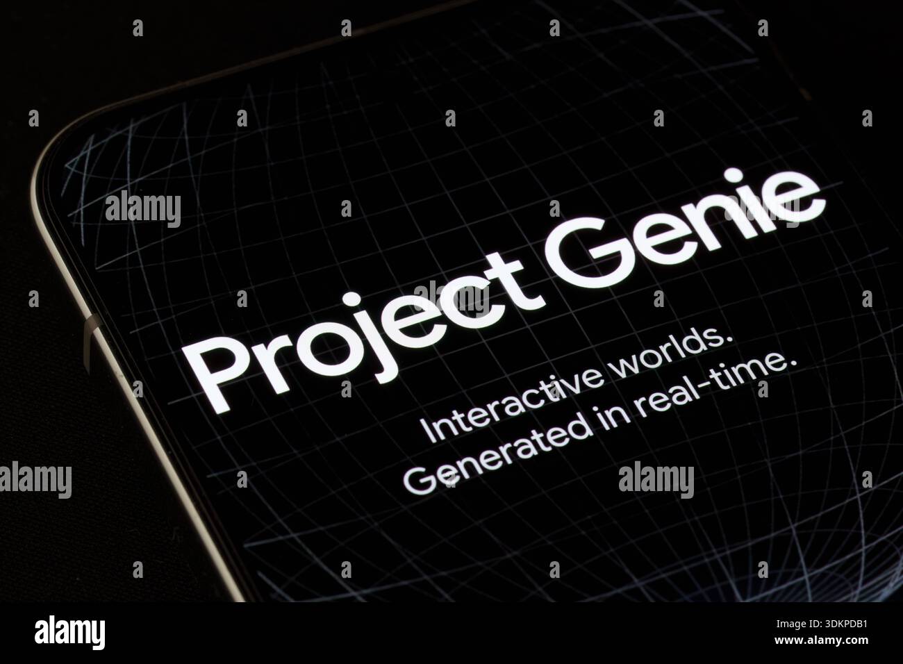 Project Genie di Google Labs mostrato sullo schermo di uno smartphone, Genie 3 World model crea mondi esplorabili interattivi in tempo reale con mappamondo a reticolo int Foto Stock