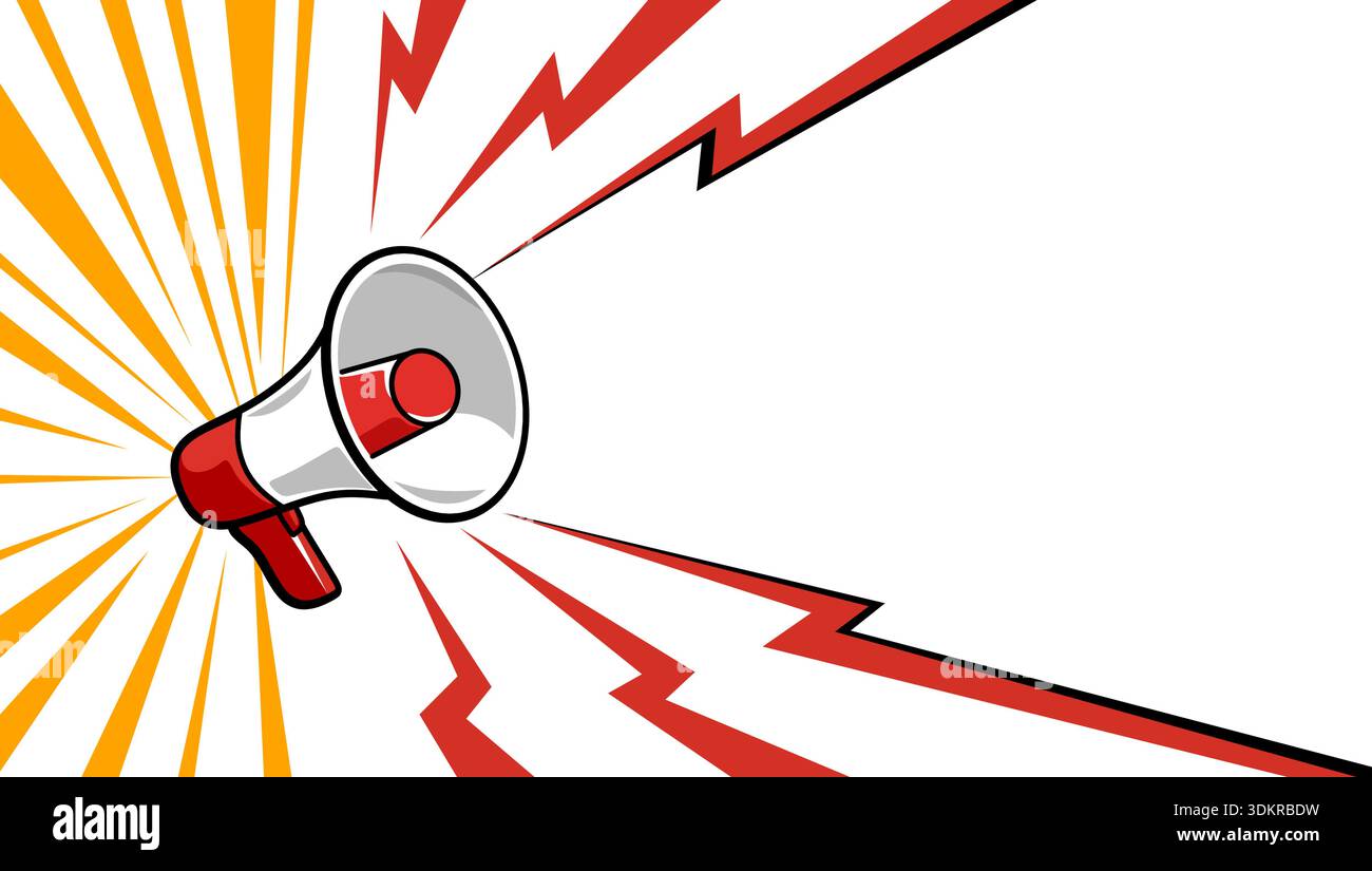Megafono rosso e bianco con fulmini e scoppio di sole su sfondo bianco. Illustrazione vettoriale dinamica per gli annunci di marketing Illustrazione Vettoriale