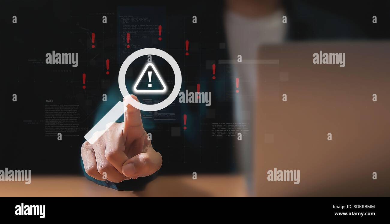 Sicurezza della rete Internet, segnali di avviso per le notifiche e la manutenzione degli errori, malware, virus che distruggono i dati, software. Foto Stock