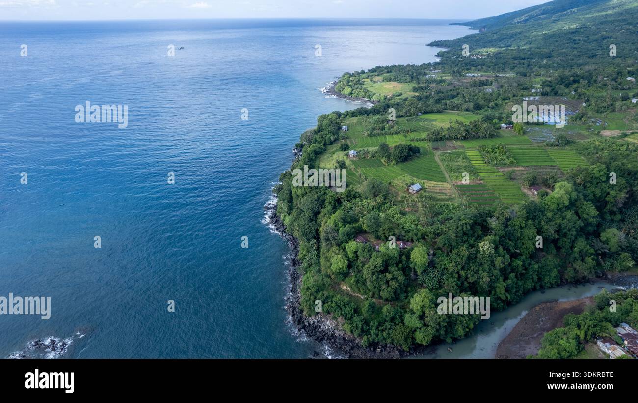 Scatto aereo mozzafiato di un lussureggiante promontorio verde con risaie rurali e piccole case lungo un mare blu vibrante. Paesaggio panoramico dell'isola tropicale Foto Stock