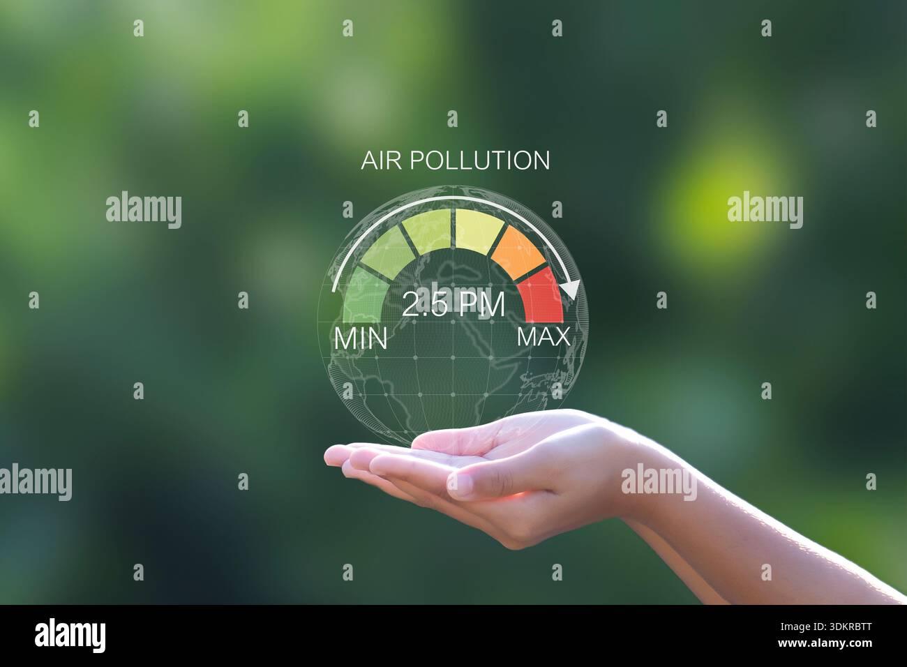 Il concetto di un misuratore di allarme inquinamento atmosferico PM 2,5. Foto Stock