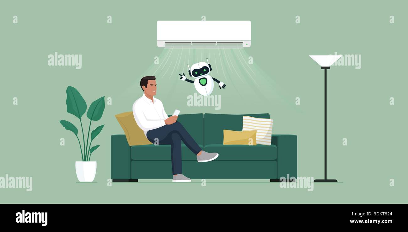 Smart air conditioning at home: man sitting on the couch and using AC while an AI robot is helping him Illustrazione Vettoriale