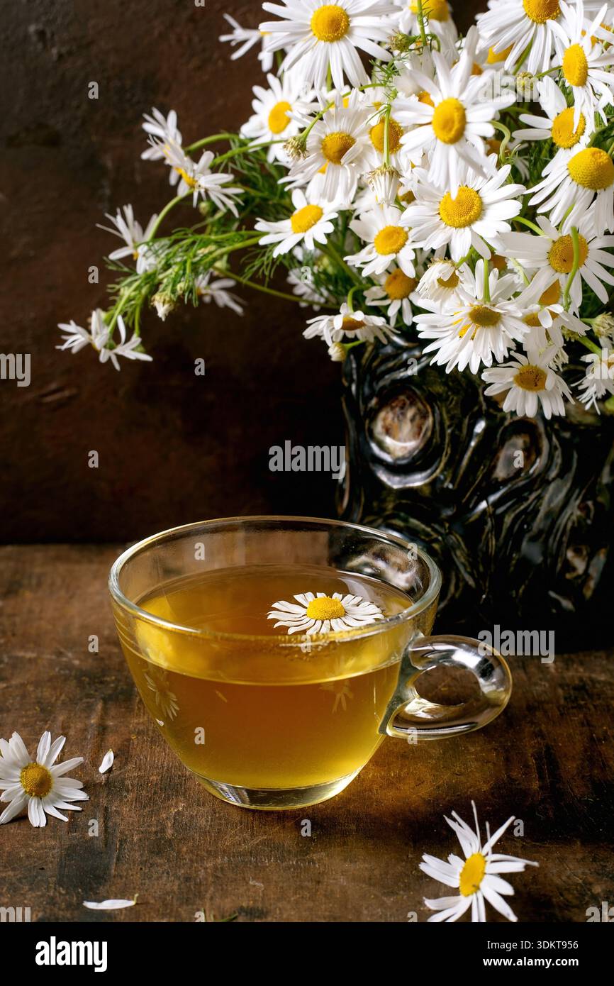 Tazza in vetro di tè alla camomilla alle erbe con fiori di margherita bianchi in vaso vintage su tavola di legno. Concetto di bevanda benessere naturale con decorazioni in fiori freschi. Foto Stock