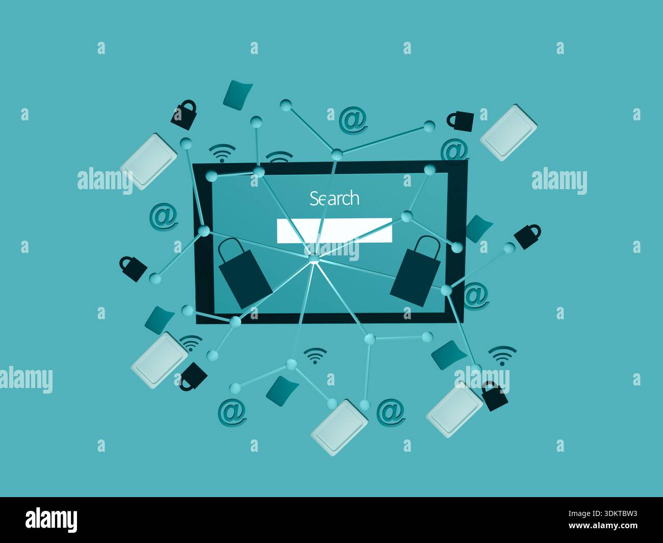 Ricerca di simboli per computer e browser Web su sfondo blu Foto Stock