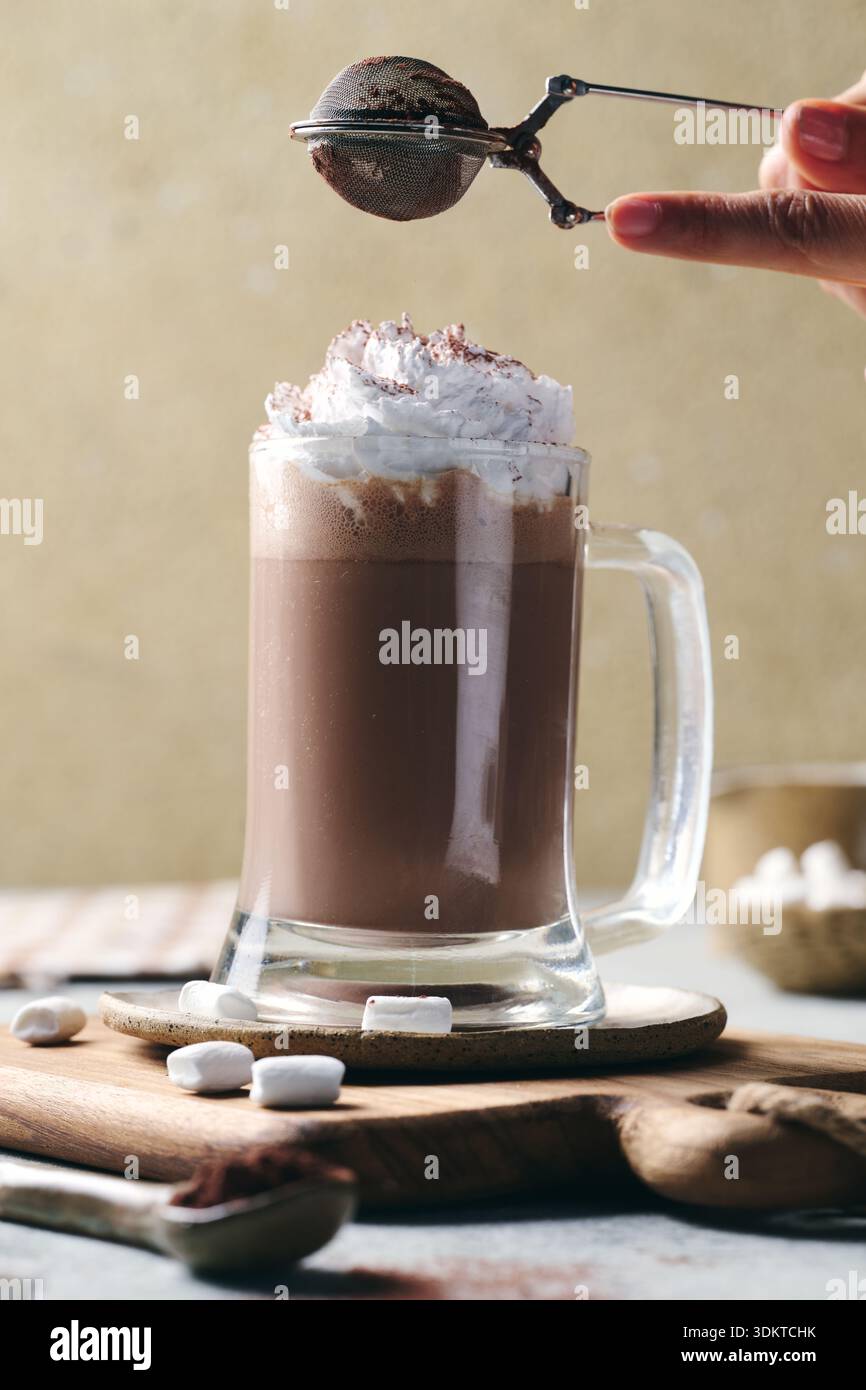 Cioccolata calda cremosa con panna montata e marshmallow Foto Stock