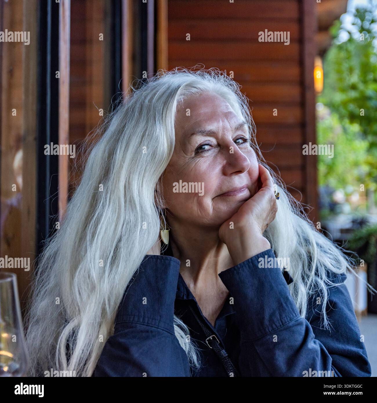 Ritratto di donna anziana sorridente con lunghi capelli bianchi seduti all'aperto Foto Stock