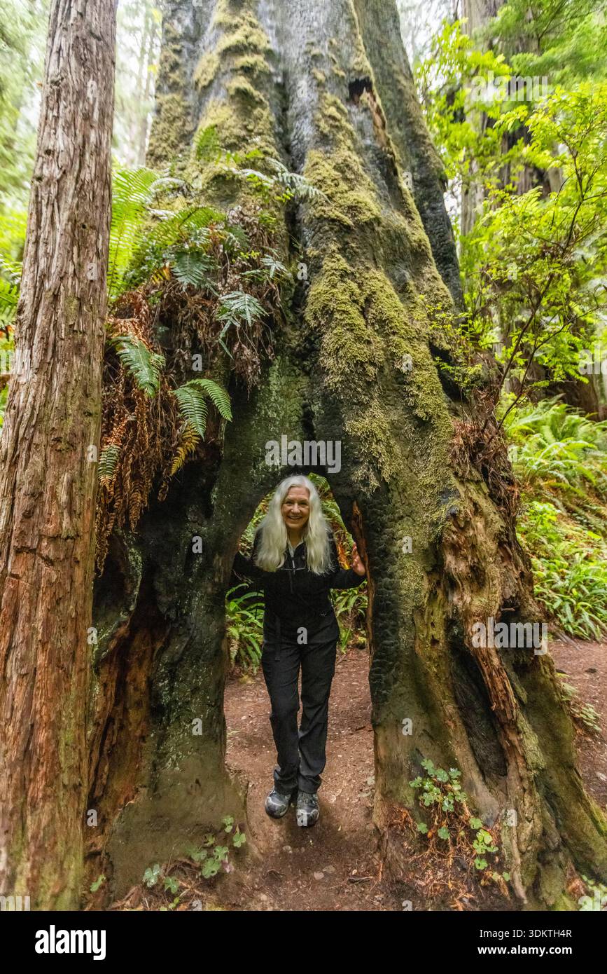 USA, California, Crescent City, Ritratto del sorriso di un'escursionista nella foresta di sequoie Foto Stock