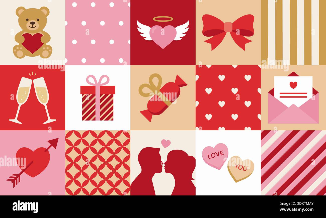 Buon San Valentino. Motivo geometrico con elementi di design d'amore alla moda. Stampa romantica per le feste Illustrazione Vettoriale