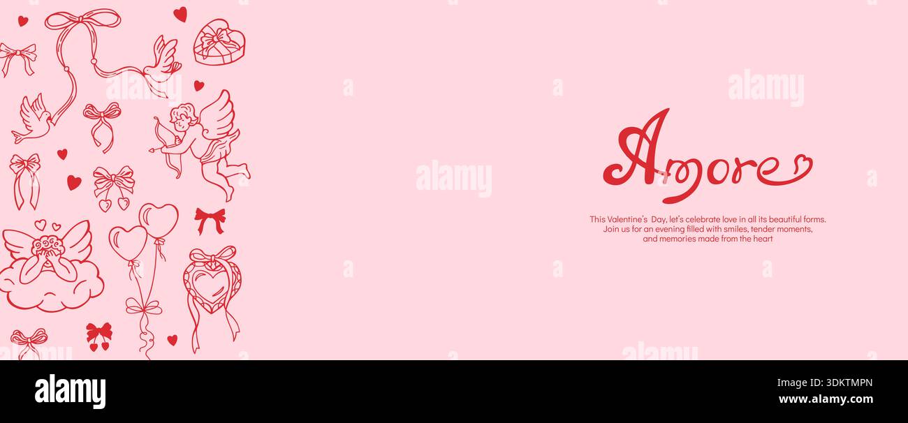Stravagante banner orizzontale di San Valentino o carta con scarabocchi disegnati a mano. Linea elementi femminili Cupido, cuore, arco, schizzo del nastro. Romanticismo vintage giocosa elegante linea art Illustrazione Vettoriale
