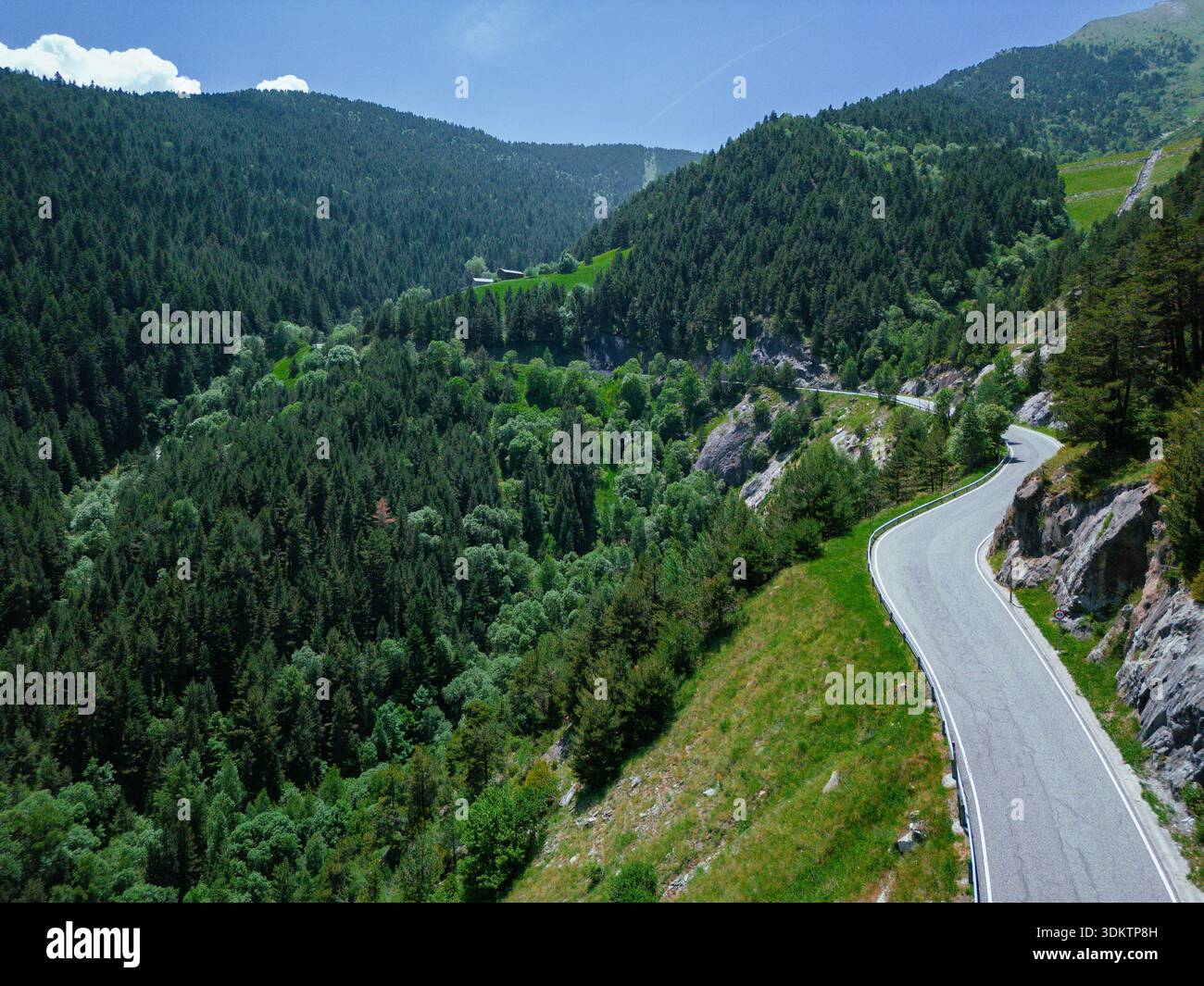 Veduta aerea di una strada tortuosa serpente attraverso i pendii verdeggianti ricoperti di alberi, un nastro di grigio contro i verdi intensi, Arinsal, la Massana, Andor Foto Stock